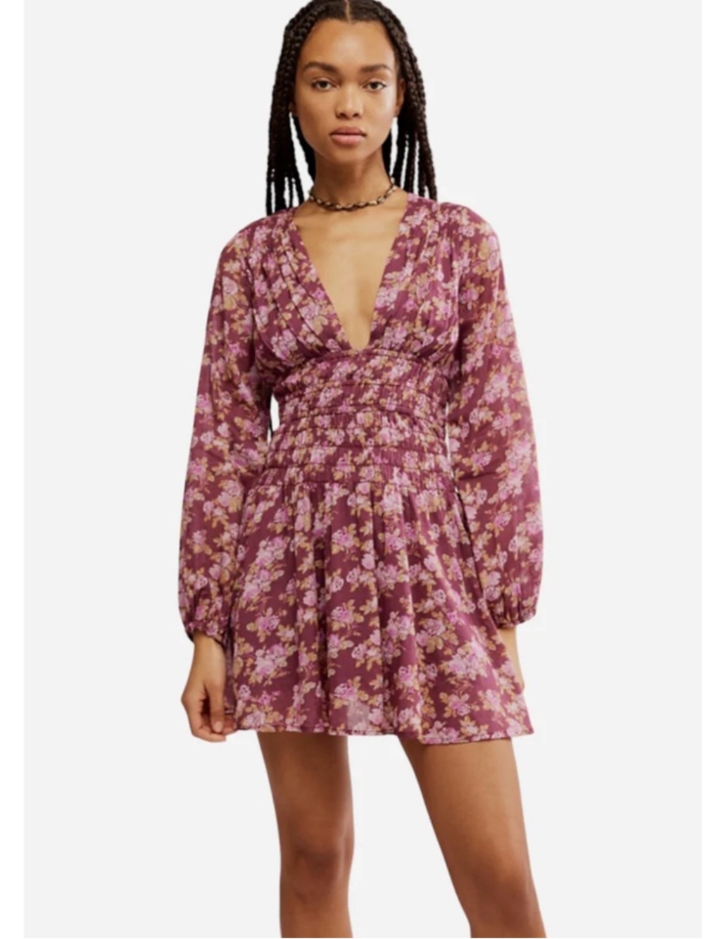 Free people Women's Plum Floral V-Neck Smocked Mini Dress
